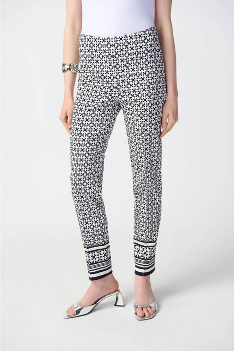 Joseph Ribkoff Style 241186 Vanilla/Black Geometric Print Pin Tuck Pull On Ankle Pants