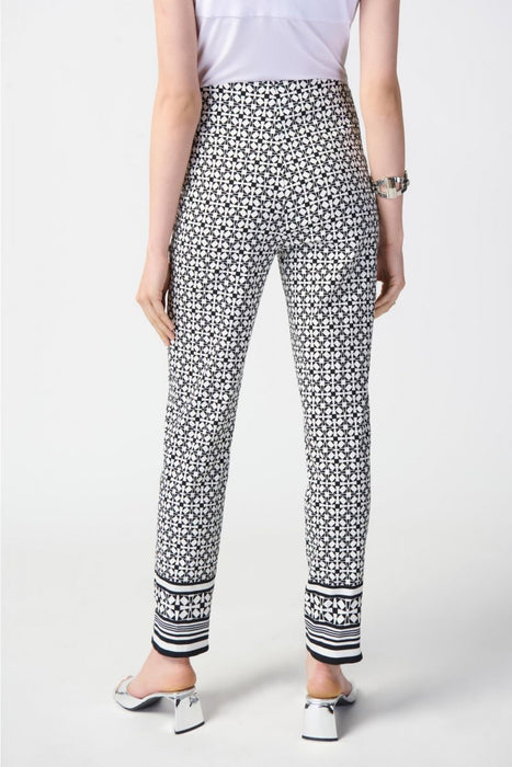 Joseph Ribkoff Vanilla/Black Geometric Print Pin Tuck Pull On Ankle Pants 241186