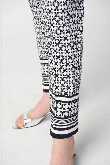 Joseph Ribkoff Vanilla/Black Geometric Print Pin Tuck Pull On Ankle Pants 241186