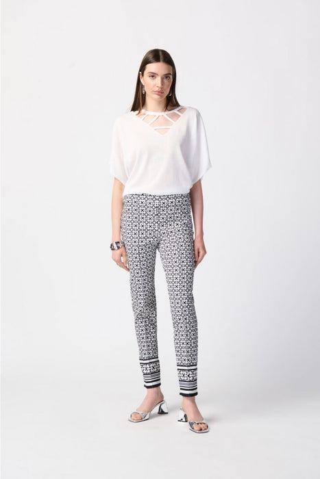 Joseph Ribkoff Vanilla/Black Geometric Print Pin Tuck Pull On Ankle Pants 241186