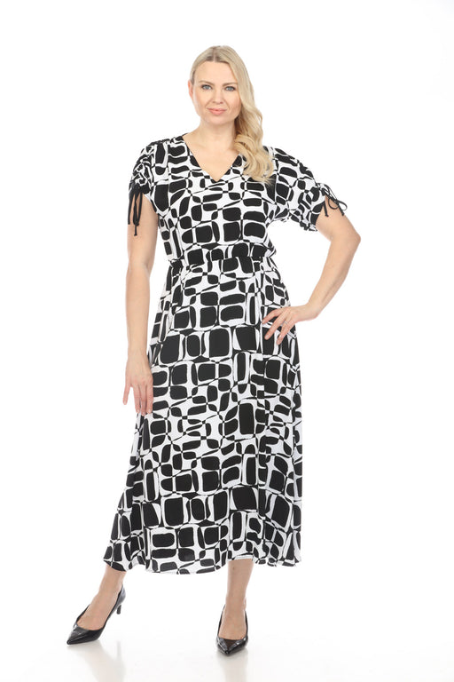 Joseph Ribkoff Style 242100 Vanilla/Black Geometric Print Shirred Sleeve Maxi Dress