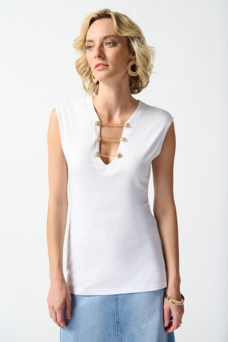 Joseph Ribkoff Style 242181 Vanilla Chain Detail V-Neck Cap Sleeve Fitted Top