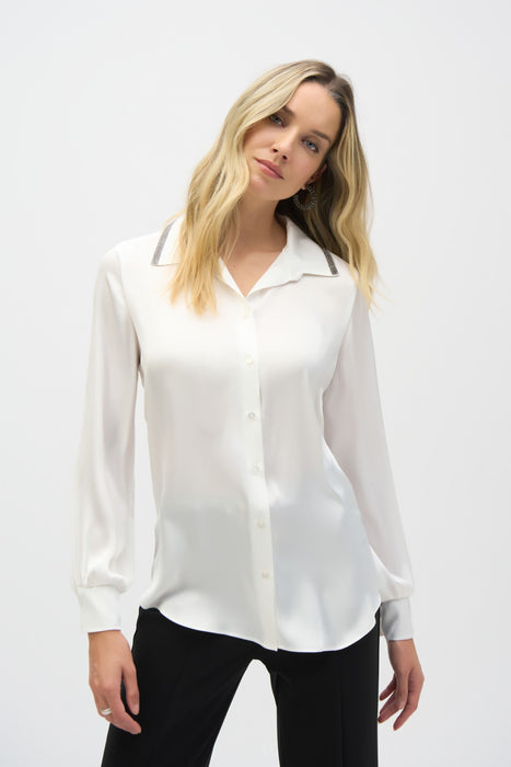 Joseph Ribkoff Style 244101 Vanilla Embellished Button-Down Satin Blouse