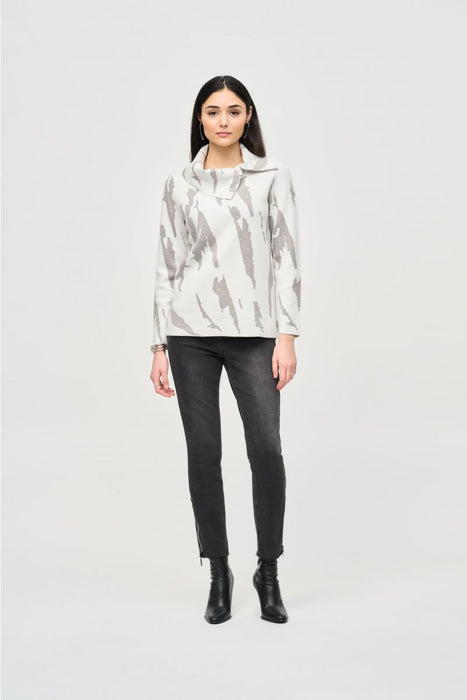 Joseph Ribkoff Vanilla/Grey Melange Abstract Print Zipped Cowl Neck Top 243945