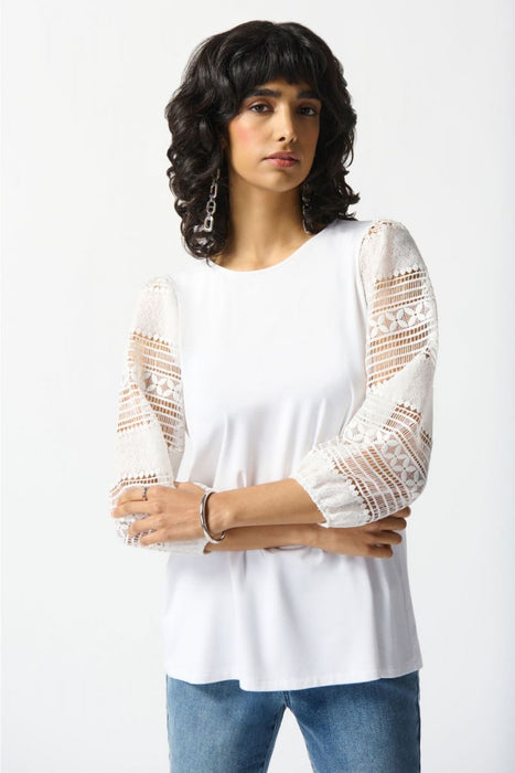 Joseph Ribkoff Style 242086 Vanilla Lace Puff Sleeve Round Neck Top