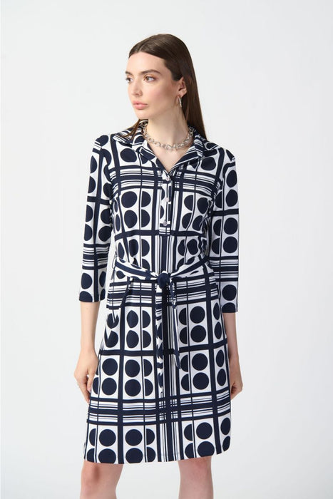 Joseph Ribkoff Vanilla/Midnight Dot Print Waist Tie Shirt Dress 241001