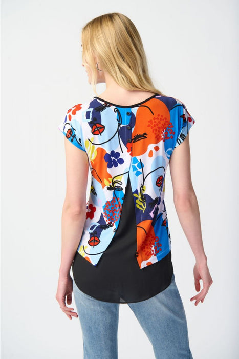 Joseph Ribkoff Vanilla/Multi Abstract Face Print Short Sleeve Hi-Low Top 241308