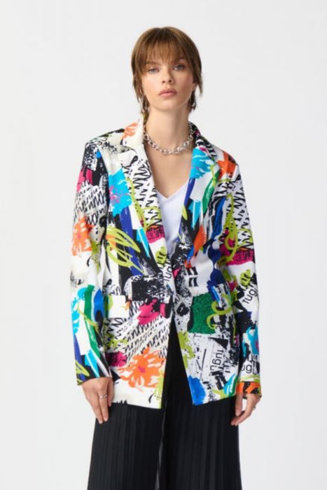 Joseph Ribkoff Style 241302 Vanilla/Multi Abstract Print One-Button Longline Blazer Jacket