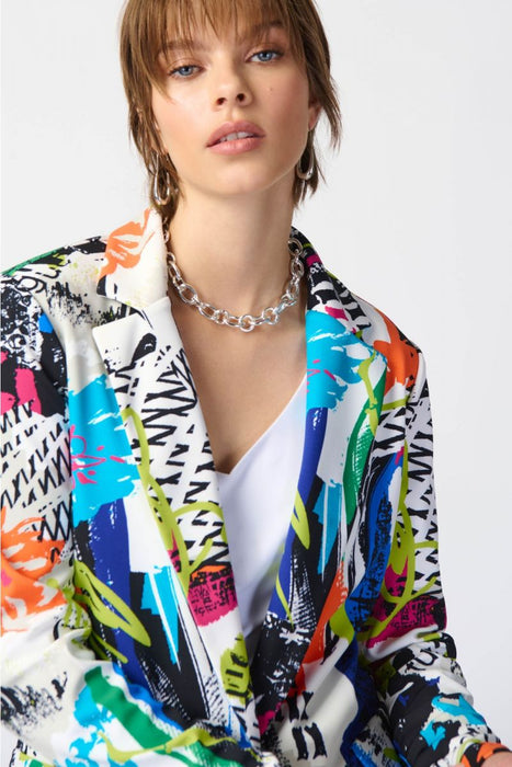 Joseph Ribkoff Vanilla/Multi Abstract Print One-Button Longline Blazer Jacket 241302