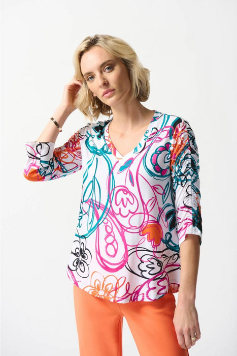 Joseph Ribkoff Style 242179 Vanilla/Multi Floral Paisley Scribble Print Shirred Top