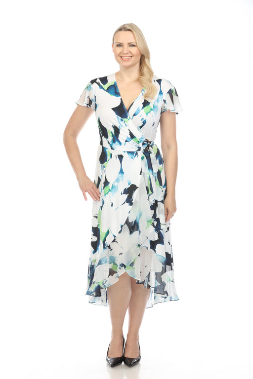 Joseph Ribkoff Style 242703 Vanilla/Multi Floral Print Flutter Sleeve Ruffled Chiffon Maxi Dress