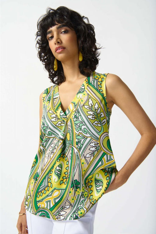 Joseph Ribkoff Style 242002 Vanilla/Multi Paisley Print Pleated V-Neck Sleeveless Top