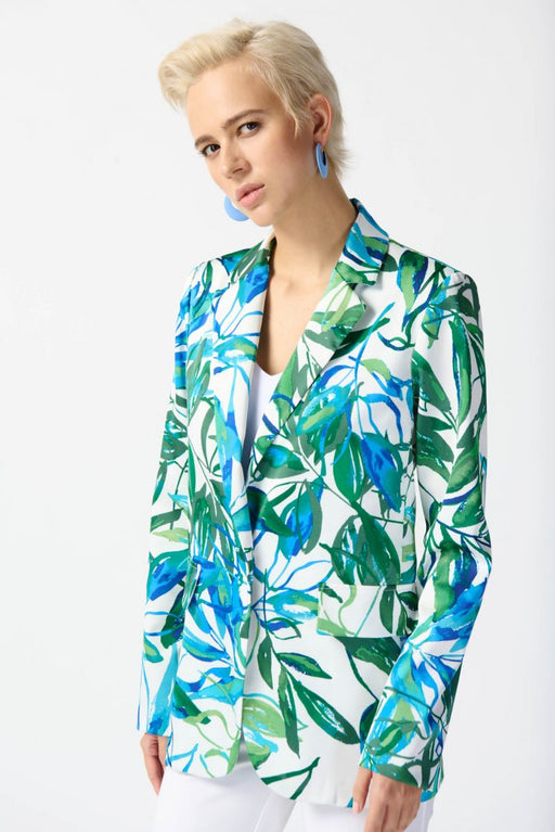 Joseph Ribkoff Style 242210 Vanilla/Multi Tropical Leaf Print One-Button Blazer Jacket