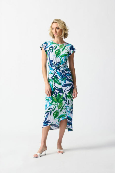 Joseph Ribkoff Style 242159 Vanilla/Multi Tropical Print Faux Wrap Midi Sheath Dress