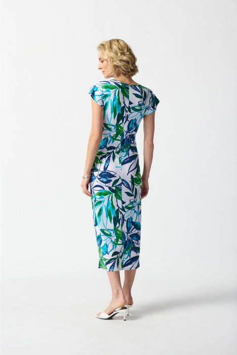 Joseph Ribkoff Vanilla/Multi Tropical Print Faux Wrap Midi Sheath Dress 242159