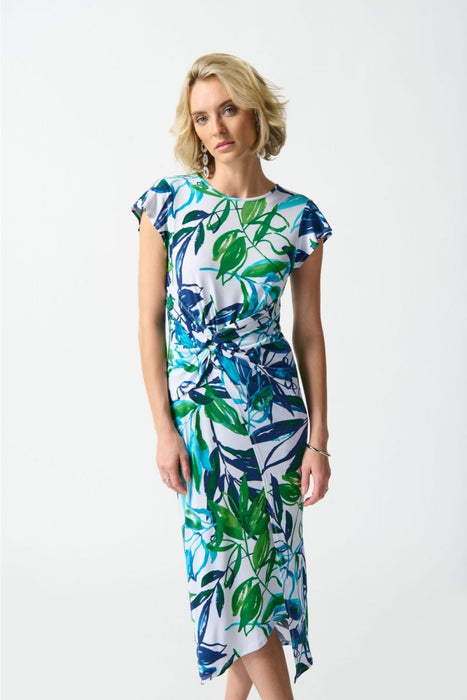 Joseph Ribkoff Vanilla/Multi Tropical Print Faux Wrap Midi Sheath Dress 242159