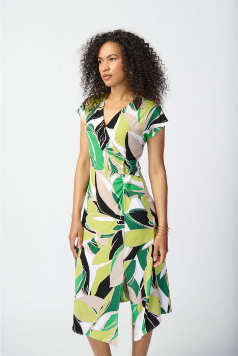 Joseph Ribkoff Vanilla/Multi Tropical Print V-Neck Front Slit A-Line Dress 241201