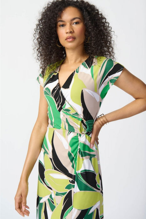 Joseph Ribkoff Vanilla/Multi Tropical Print V-Neck Front Slit A-Line Dress 241201