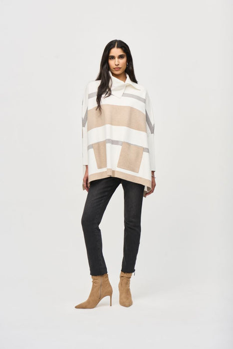 Joseph Ribkoff Vanilla/Oatmeal Melange/Grey Stripe Print Poncho Top 243951