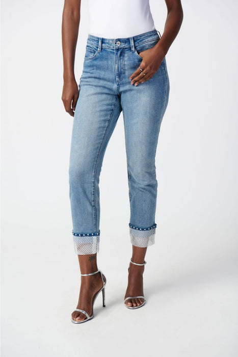 Joseph Ribkoff Style 241929 Vintage Blue Embellished Mesh Cuff Slim Cropped Jeans