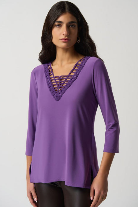 Joseph Ribkoff Style 233124 Violet Soutache V-Neck 3/4 Sleeve Top