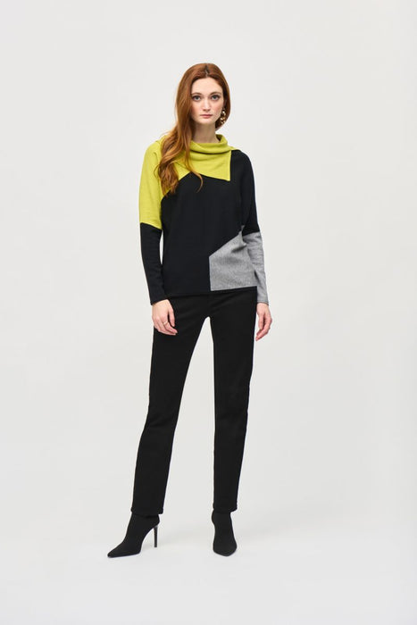 Joseph Ribkoff Wasabi/Black/Grey Melange Color Block Cowl Neck Long Sleeve Top 243941