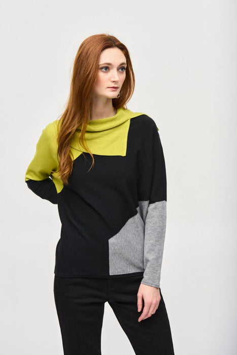 Joseph Ribkoff 243941 Wasabi/Black/Grey Melange Color Block Cowl Neck Long Sleeve Top