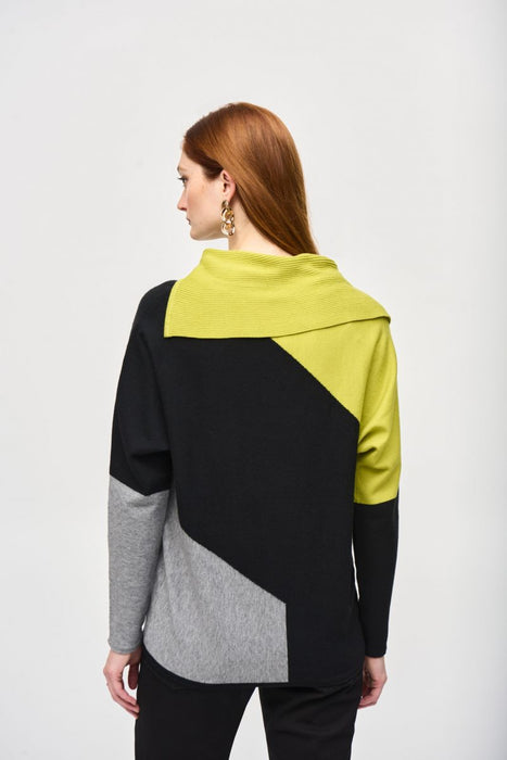 Joseph Ribkoff Wasabi/Black/Grey Melange Color Block Cowl Neck Long Sleeve Top 243941