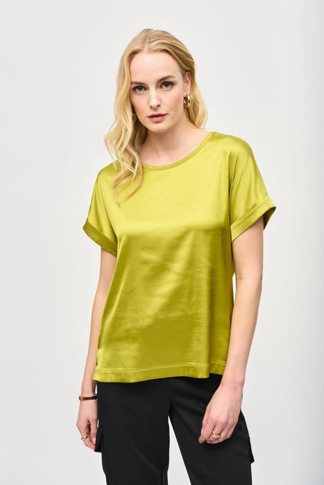 Joseph Ribkoff Style 243912 Wasabi Satin Front Round Neck Short Sleeve Top