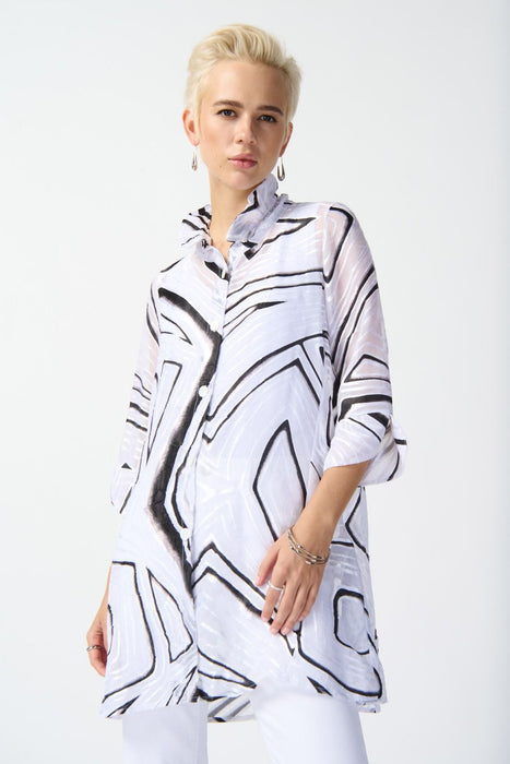 Joseph Ribkoff Style 242171 White/Black Abstract Print Button Front Organza Blouse