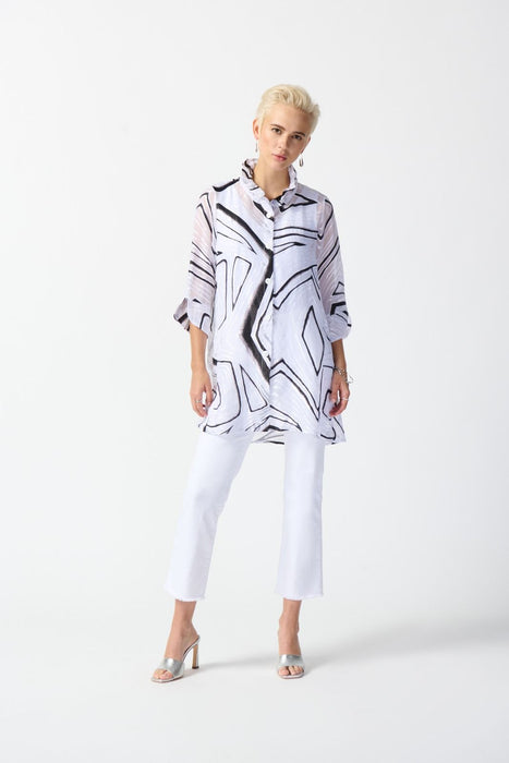 Joseph Ribkoff White/Black Abstract Print Button Front Organza Blouse 242171