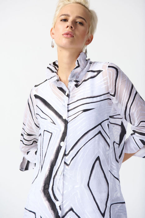 Joseph Ribkoff White/Black Abstract Print Button Front Organza Blouse 242171