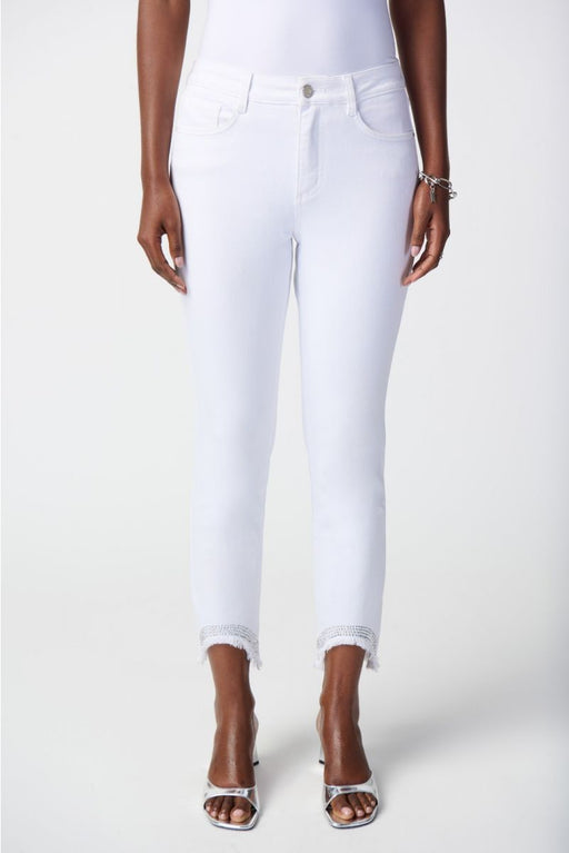 Joseph Ribkoff Style 241921 White Denim Studded Frayed Slim Cropped Jeans