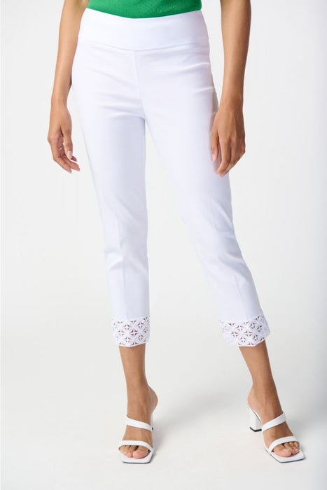 Joseph Ribkoff Style 241102 White Embroidered Cutout Cuff Pull On Cropped Pants