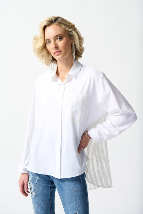 Joseph Ribkoff Style 242091 White Sheer Organza Back Button-Down Hi-Low Blouse