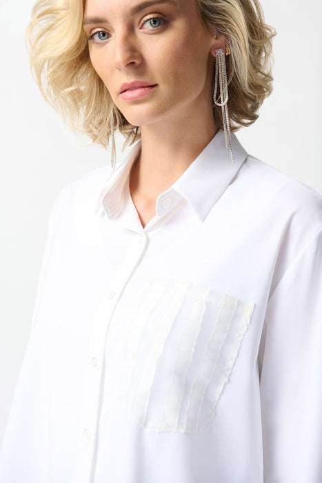 Joseph Ribkoff White Sheer Organza Back Button-Down Hi-Low Blouse 242091