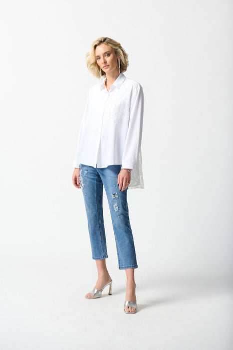 Joseph Ribkoff White Sheer Organza Back Button-Down Hi-Low Blouse 242091