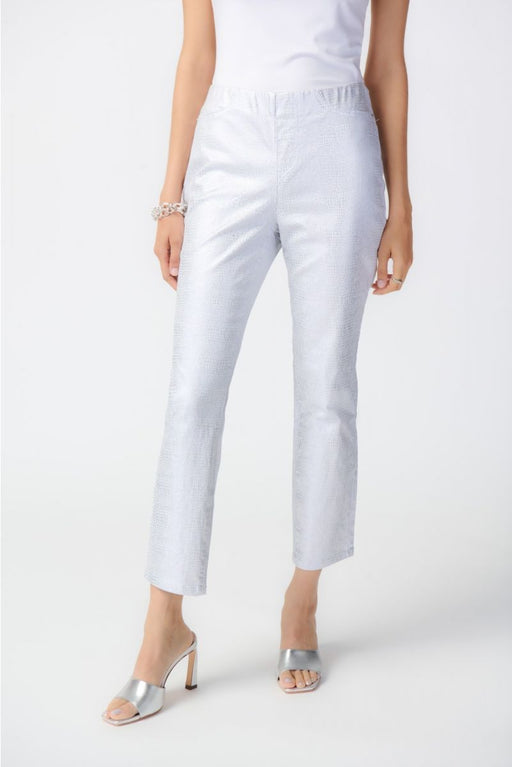 Joseph Ribkoff Style 241932 White/Silver Metallic Textured Animal Print Pull On Cropped Pants