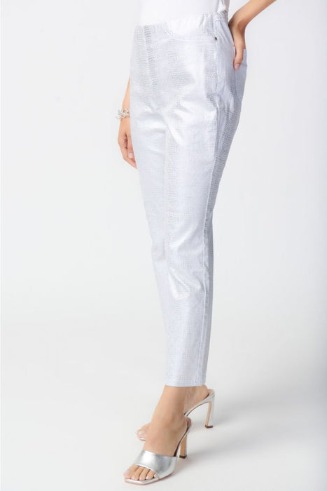 Joseph Ribkoff White/Silver Metallic Textured Animal Print Pull On Cropped Pants 241932