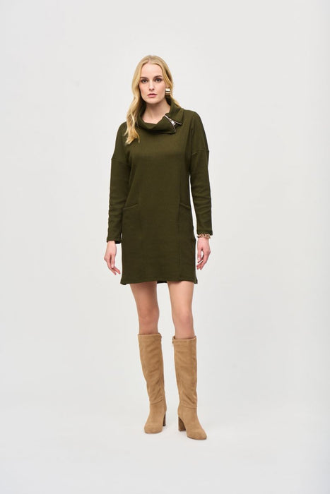 Joseph Ribkoff 243207 Olive/Black Zipper Collar Long Sleeves Cocoon Dress