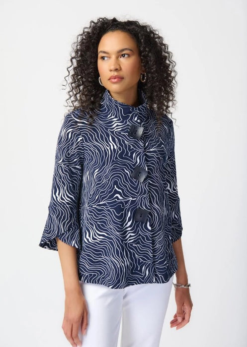 Joseph Ribkoff Midnight Blue/Vanilla Abstract Print 3/4 Sleeves Trapeze Jacket 241200