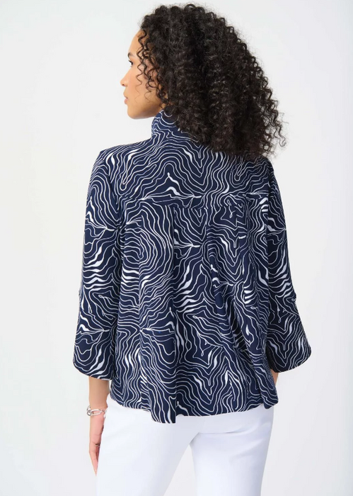 Joseph Ribkoff Midnight Blue/Vanilla Abstract Print 3/4 Sleeves Trapeze Jacket 241200