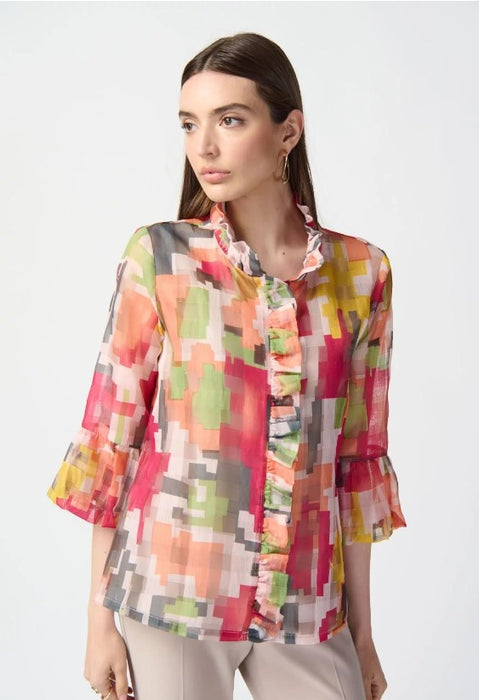 Joseph Ribkoff Style 241222 Multi Abstract Print Jacket 3/4 Ruffled Sleeve Jacket