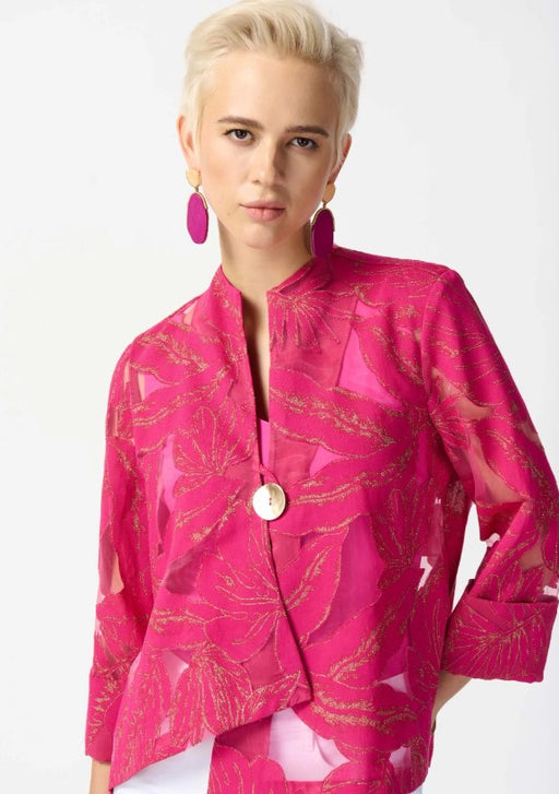 Joseph Ribkoff Style 242219 Pink/Gold Tropical Print Swing 3/4 Sleeves Jacket