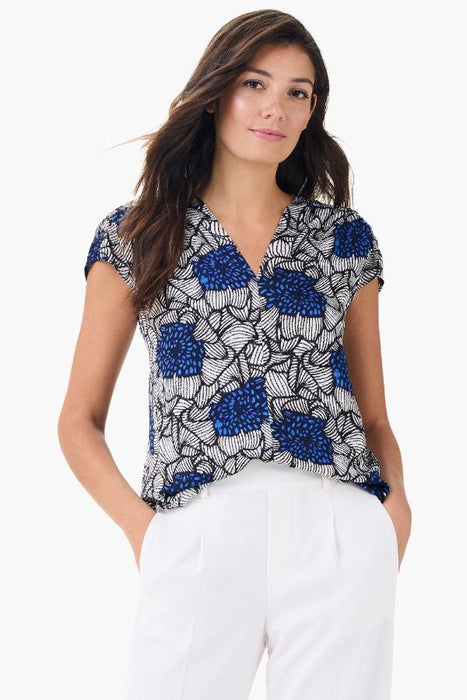 NIC+ZOE Style M241662 Blue/Multi Petal Bloom V-Neck Cap Sleeve Top