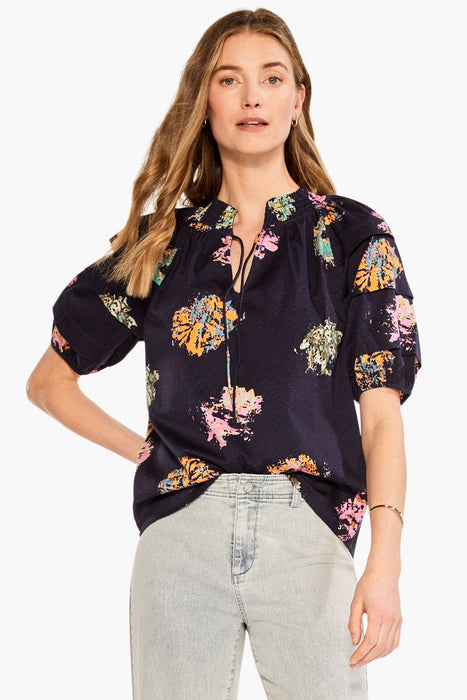 NIC+ZOE Style M231632 Indigo/Multi Bright Spot Tiered Puff Sleeve Top