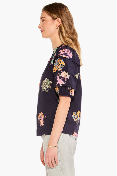 NIC+ZOE Indigo/Multi Bright Spot Tiered Puff Sleeve Top M231632