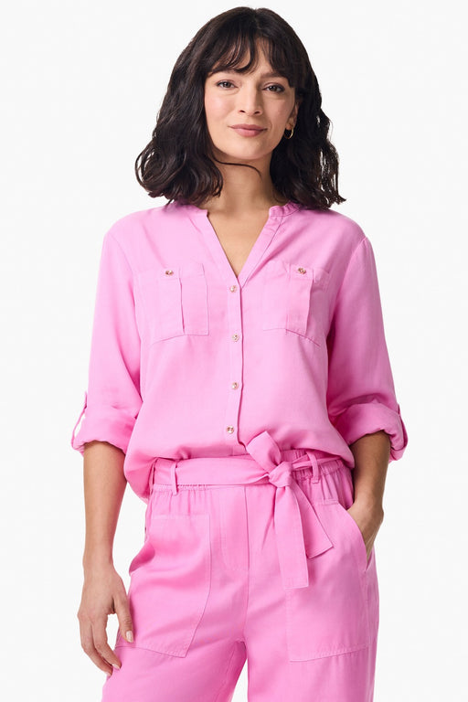 NIC+ZOE Style S241639 Pink Lotus Drapey Button Front Roll-Tab Utility Shirt