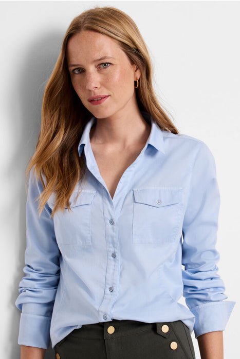 NIC+ZOE Style F241633 Powder Blue Mixed Media Pocket Shirt