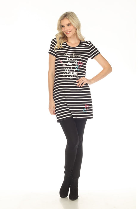 Tricotto Black/White Stripe Embellished Foil Print T-Shirt Dress 475